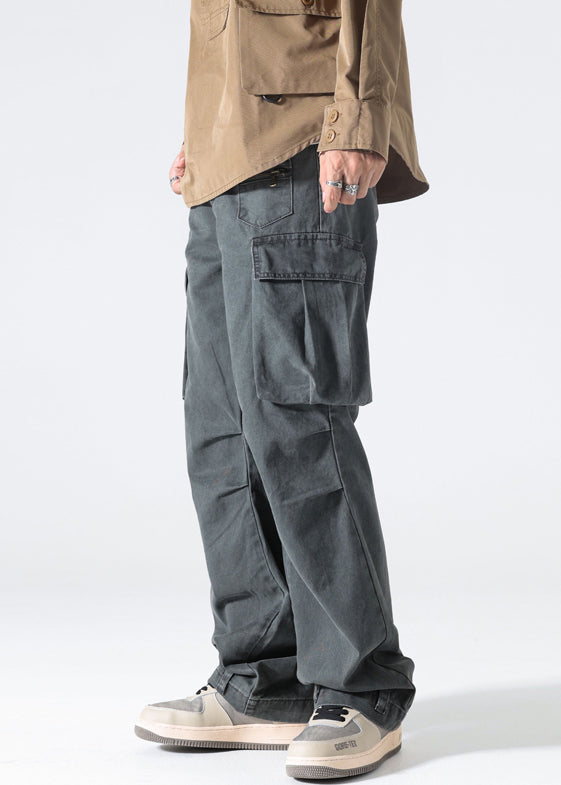 Hose Hohe Taille Herren Frühling Grau Baumwolle Taschen Modern