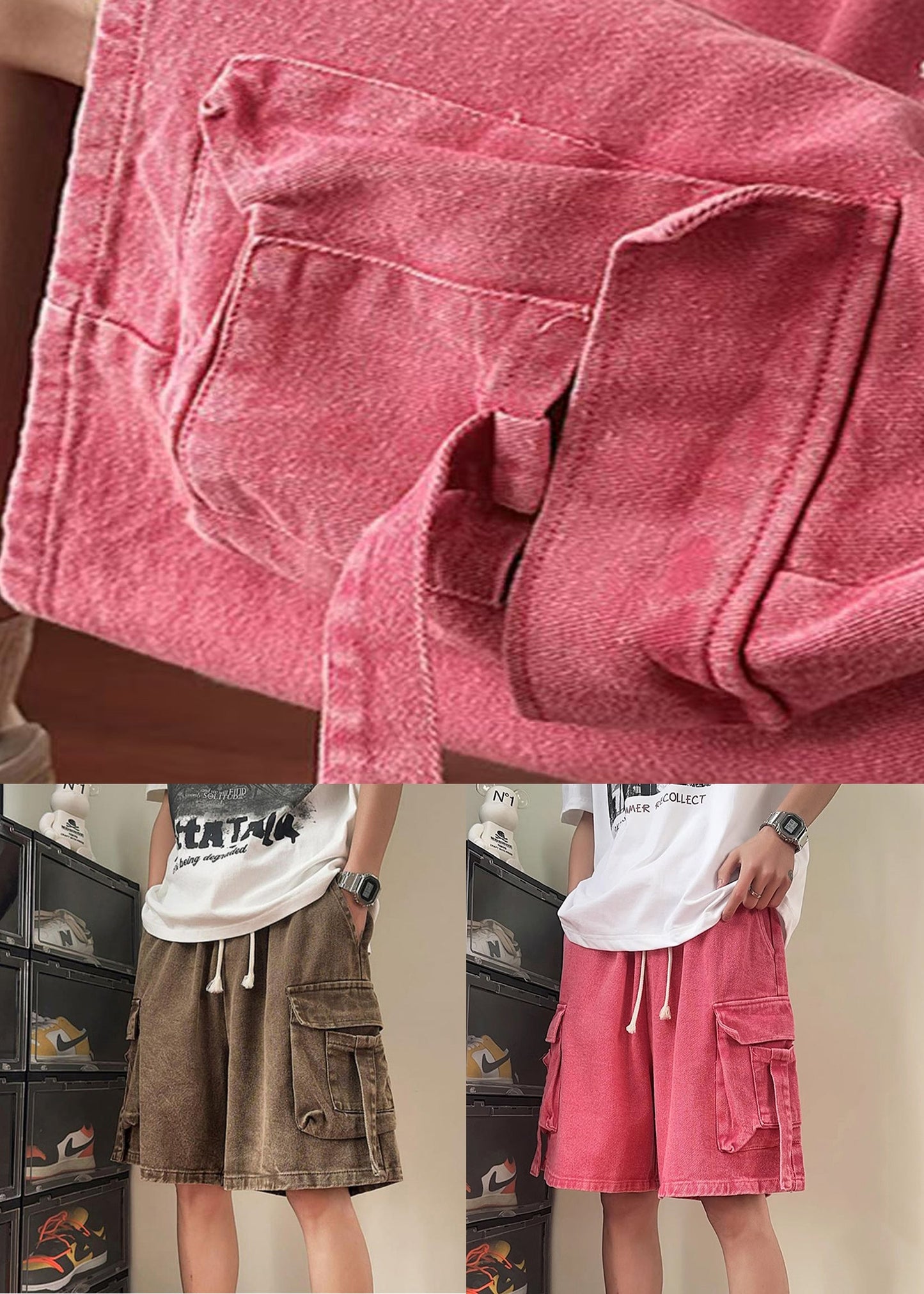 Short en jean d'été taille élastique poches modernes homme rose
