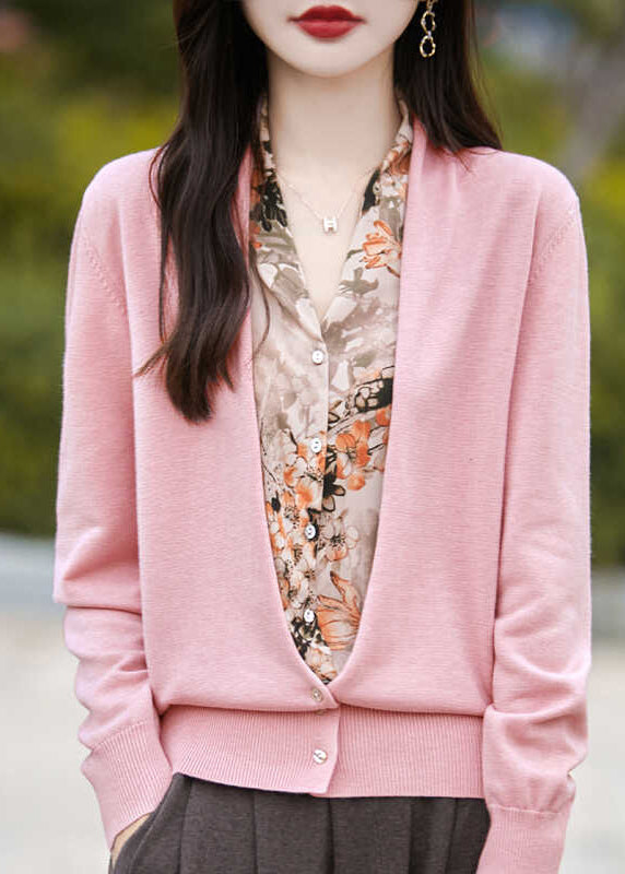 Moderner rosa V-Ausschnitt Print Fake Zweiteiler Strick Cardigans Frühling TE038