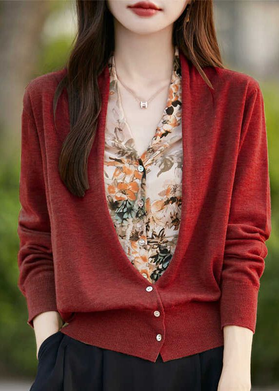 Moderner rosa V-Ausschnitt Print Fake Zweiteiler Strick Cardigans Frühling TE038