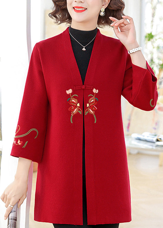 Moderne rote Strickjacke aus Baumwolle mit V-Ausschnitt und Armbandärmeln TA008