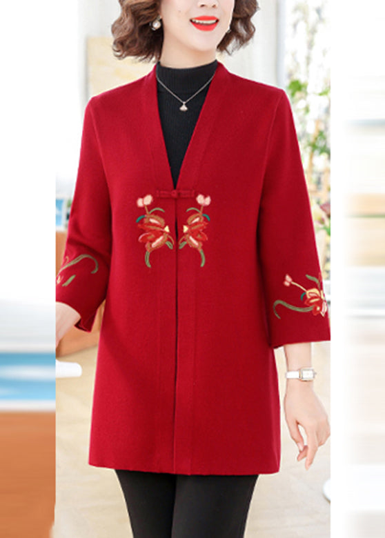 Moderne rote Strickjacke aus Baumwolle mit V-Ausschnitt und Armbandärmeln TA008