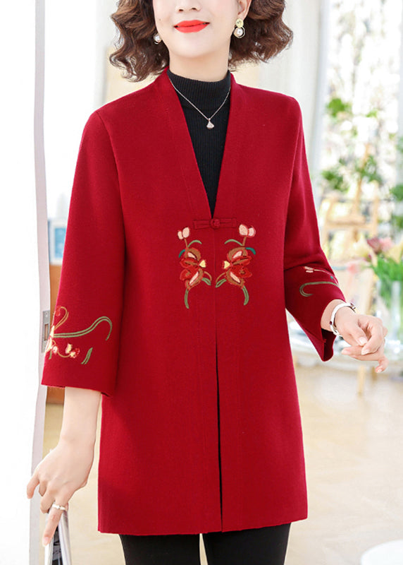 Moderne rote Strickjacke aus Baumwolle mit V-Ausschnitt und Armbandärmeln TA008
