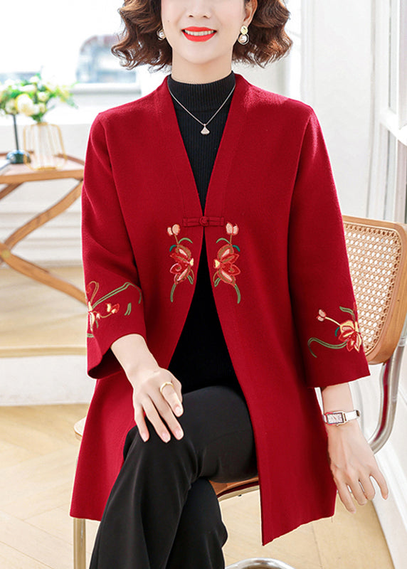 Moderne rote Strickjacke aus Baumwolle mit V-Ausschnitt und Armbandärmeln TA008