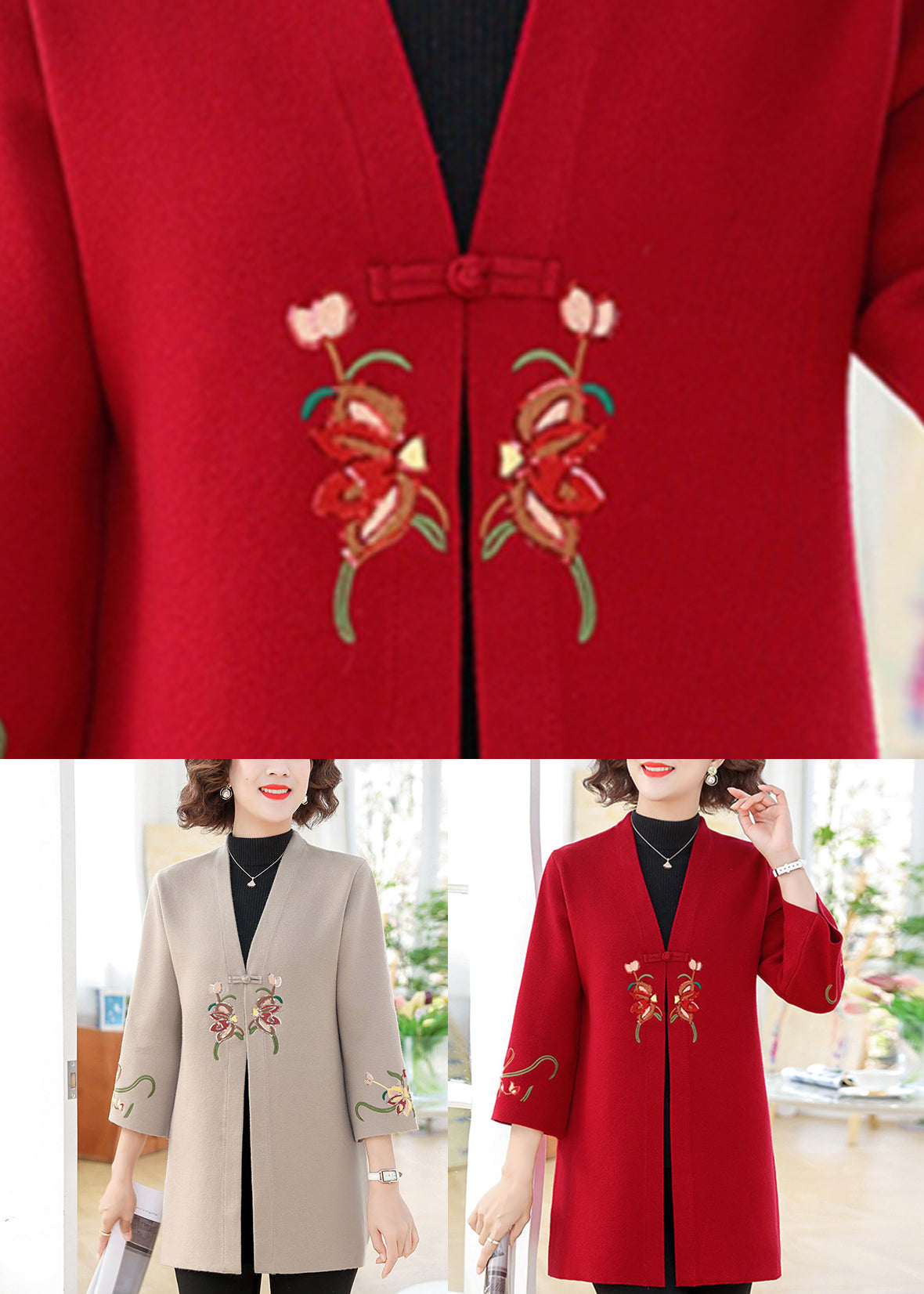 Moderne rote Strickjacke aus Baumwolle mit V-Ausschnitt und Armbandärmeln TA008