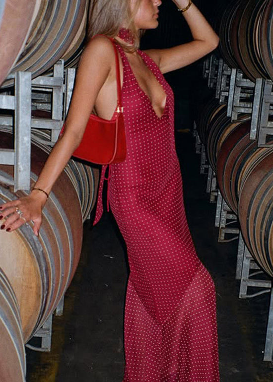 Kleid Ärmellos Patchwork Rot Tüll V-Ausschnitt Lang Modern