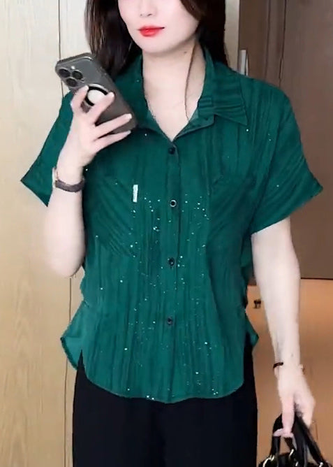 Blouse Tea Sequins Tops Chiffon Green Summer Modern