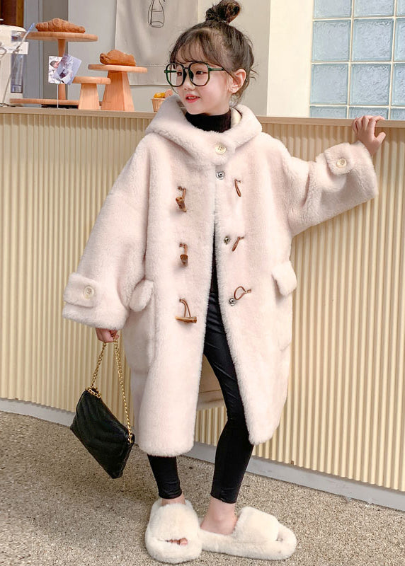 Manteaux longs à capuche en velours de vison pour filles, boutons blancs modernes, hiver TG016