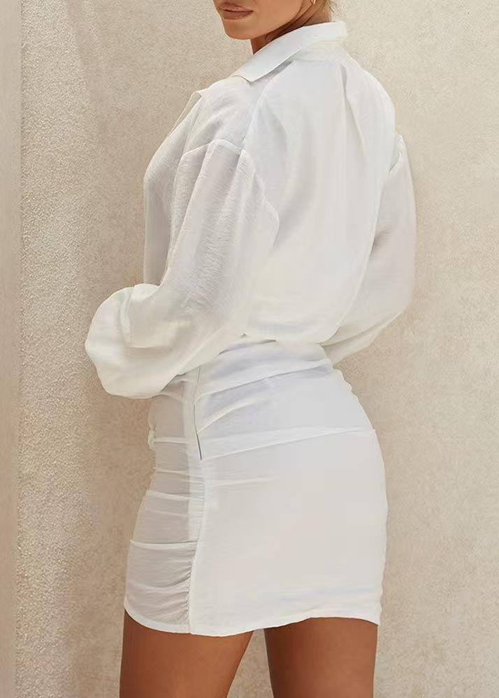 Chemise blanche en coton patchwork à col en V, robe moderne, mini, été