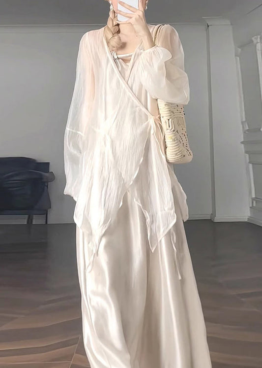 UPF Apricot Laternenhals Chiffon V 50+ Natur Taillenmantel Krawatte