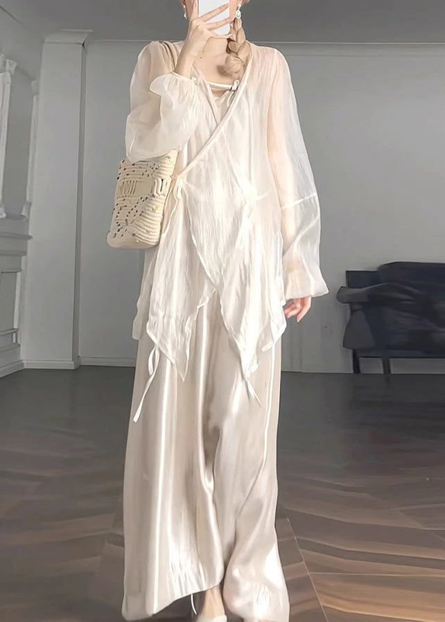 Gilet en mousseline de soie UPF 50+, col lanterne, abricot, naturel, avec cravate