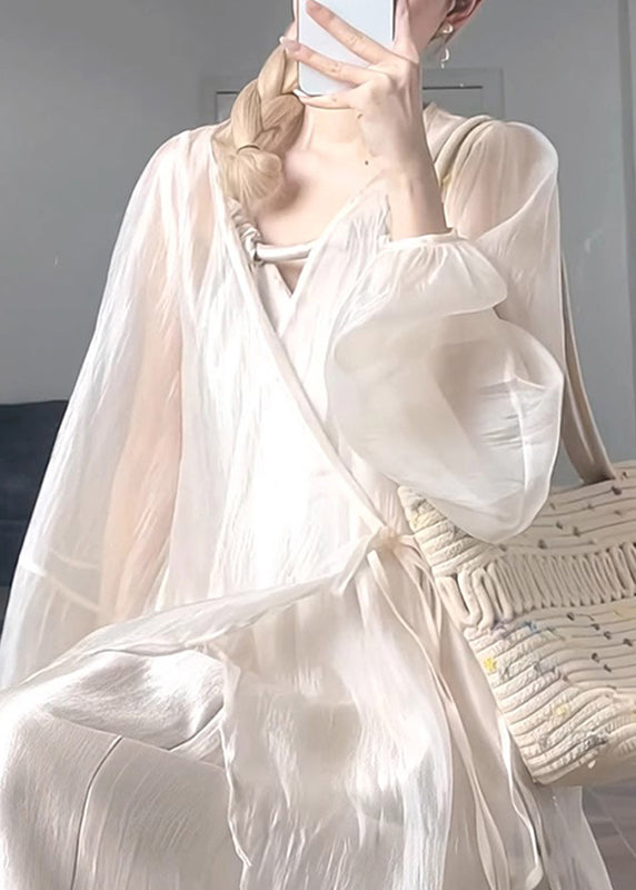 Gilet en mousseline de soie UPF 50+, col lanterne, abricot, naturel, avec cravate