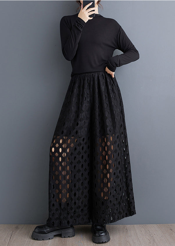 Pantalon d'été noir naturel à jambes creuses, pantalon large