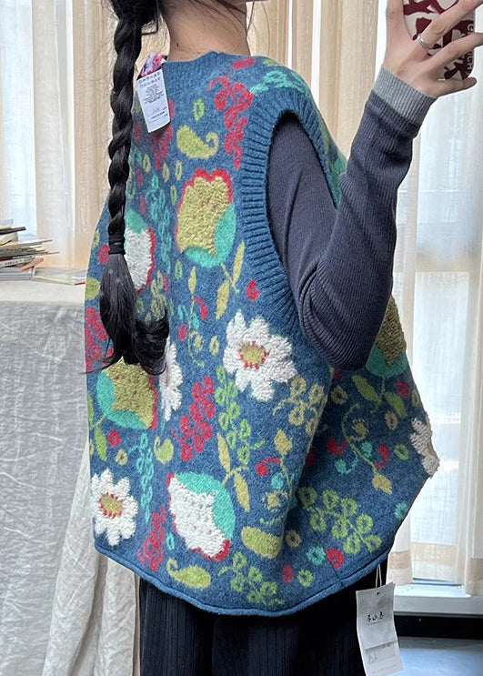 Gilet en tricot de coton imprimé bleu naturel à col rond sans manches TI038