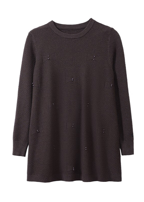 Pull en tricot de coton uni à col rond et perles naturelles, couleur café, hiver TE033