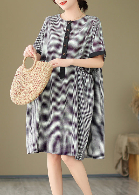 Robe ample en coton à col rond et grandes poches à carreaux naturelle pour l'été AP076