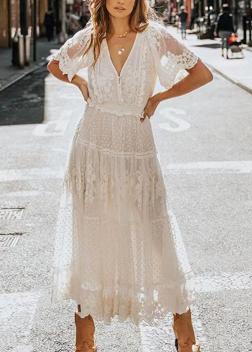 V Natural Jacquard Lace Summer Neck Robe Dresses White
