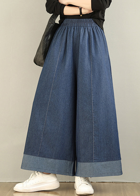 Pantalon d'été droit oversize en denim patchwork bleu marine