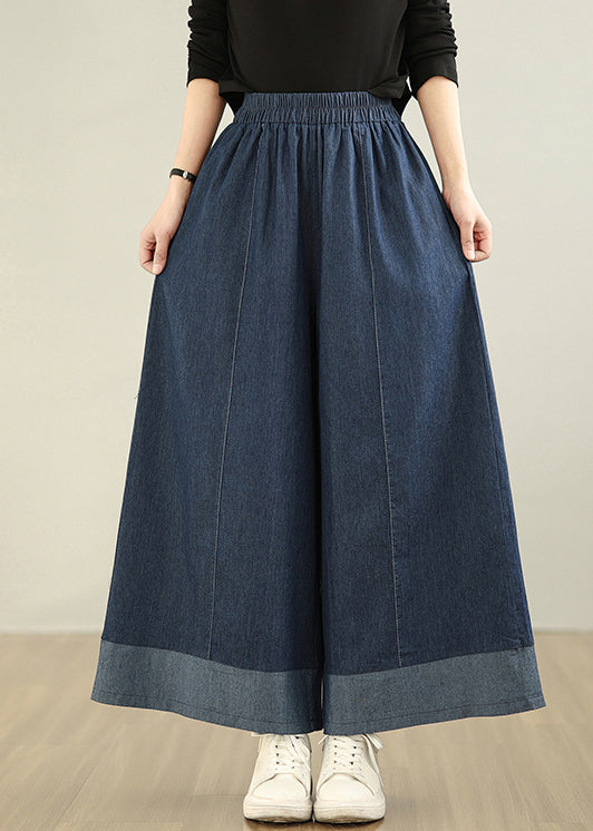 Pantalon d'été droit oversize en denim patchwork bleu marine