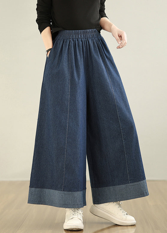 Pantalon d'été droit oversize en denim patchwork bleu marine