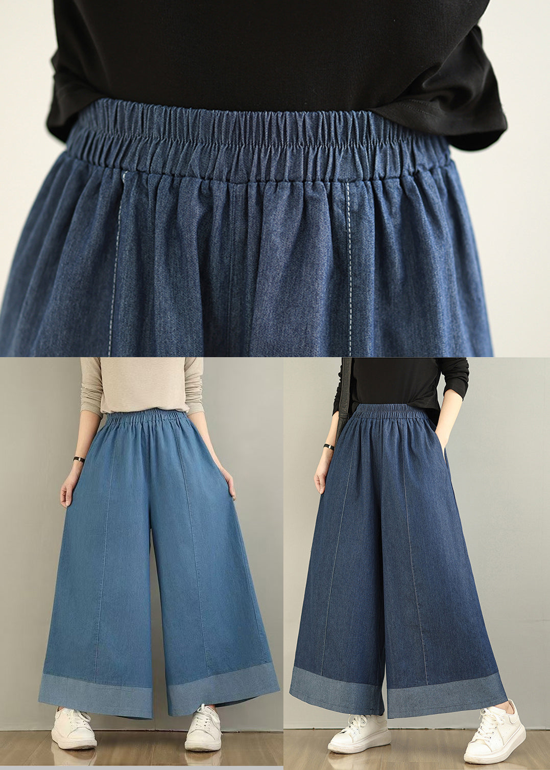 Pantalon d'été droit oversize en denim patchwork bleu marine
