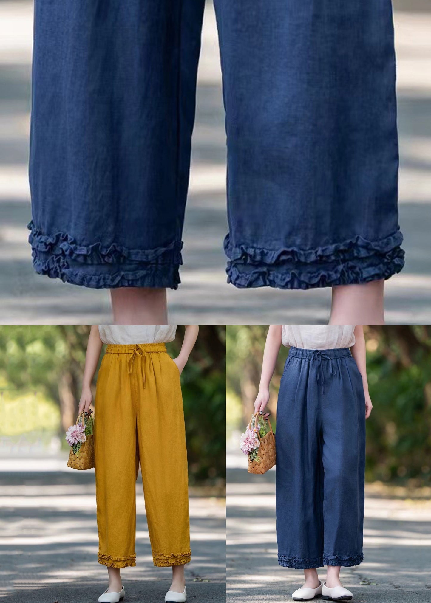 Pantalon d'été court bleu marine en lin élastique avec poches à volants et taille