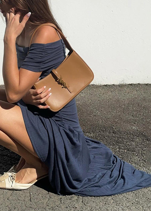 Navy Wrinkled Solid Long Dresses Slash Neck Summer YZ071