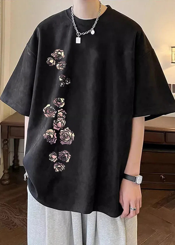 Chemise en daim abricot à manches mi-longues et col rond pour homme, confortable et imprimée.