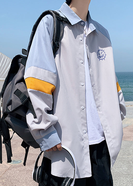 Neues beiges Peter Pan Kragen Patchwork Baumwollhemd Herren Herbst RO010