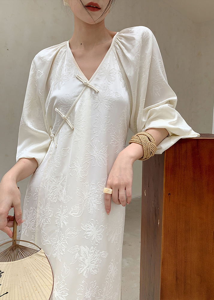 New Beige V Neck Jacquard Oriental Button Silk Long Dress Spring YZ020