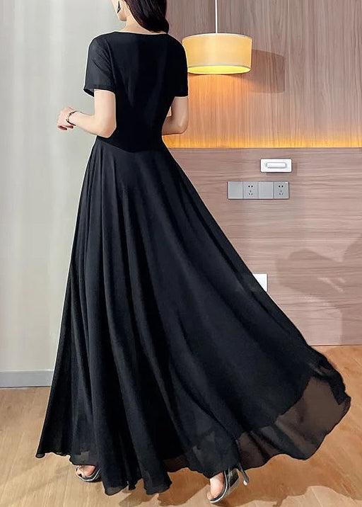 Summer O Long Black Dot Dresses Patchwork Neck Chiffon New