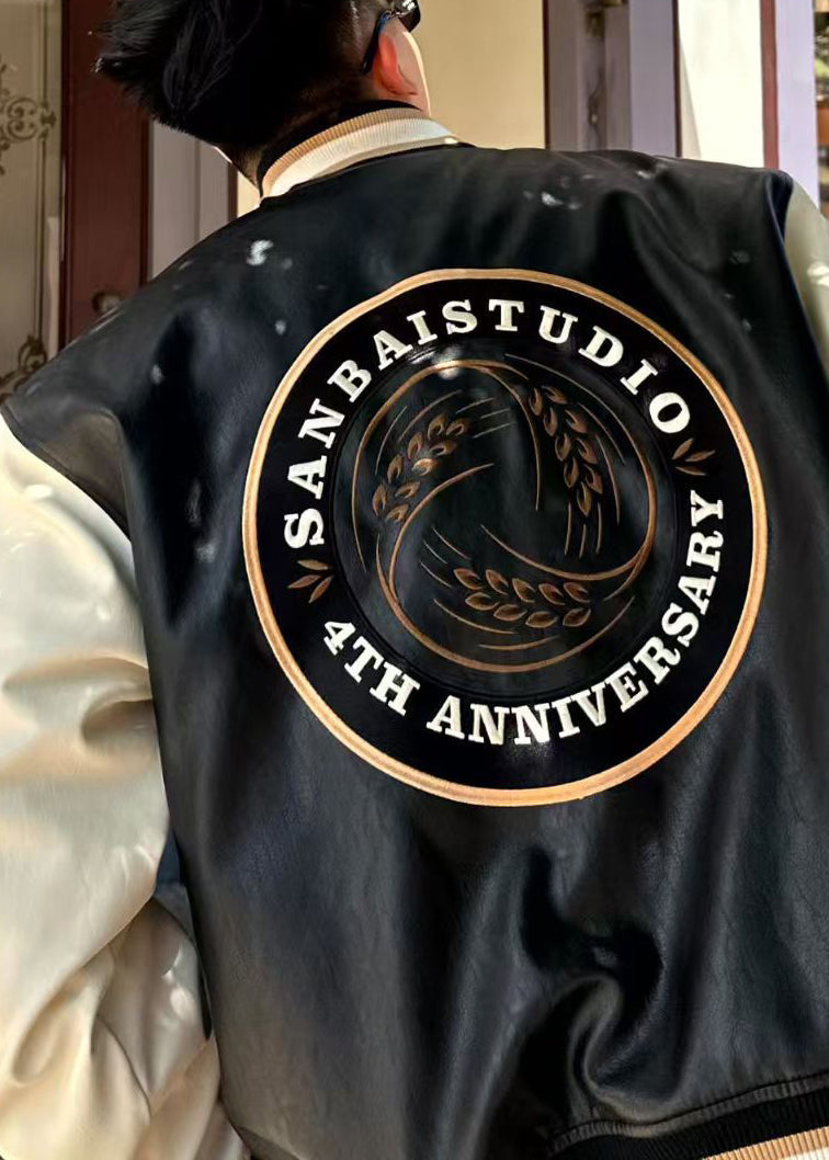 Patchwork Embroideried Frühling Parkas Männer TC011 Neue Leder Taste Faux Schwarz