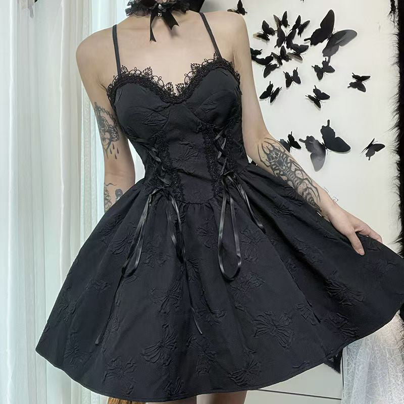 New Black Lace High Waist Patchwork Cotton Mid Dress Sleeveless YT031