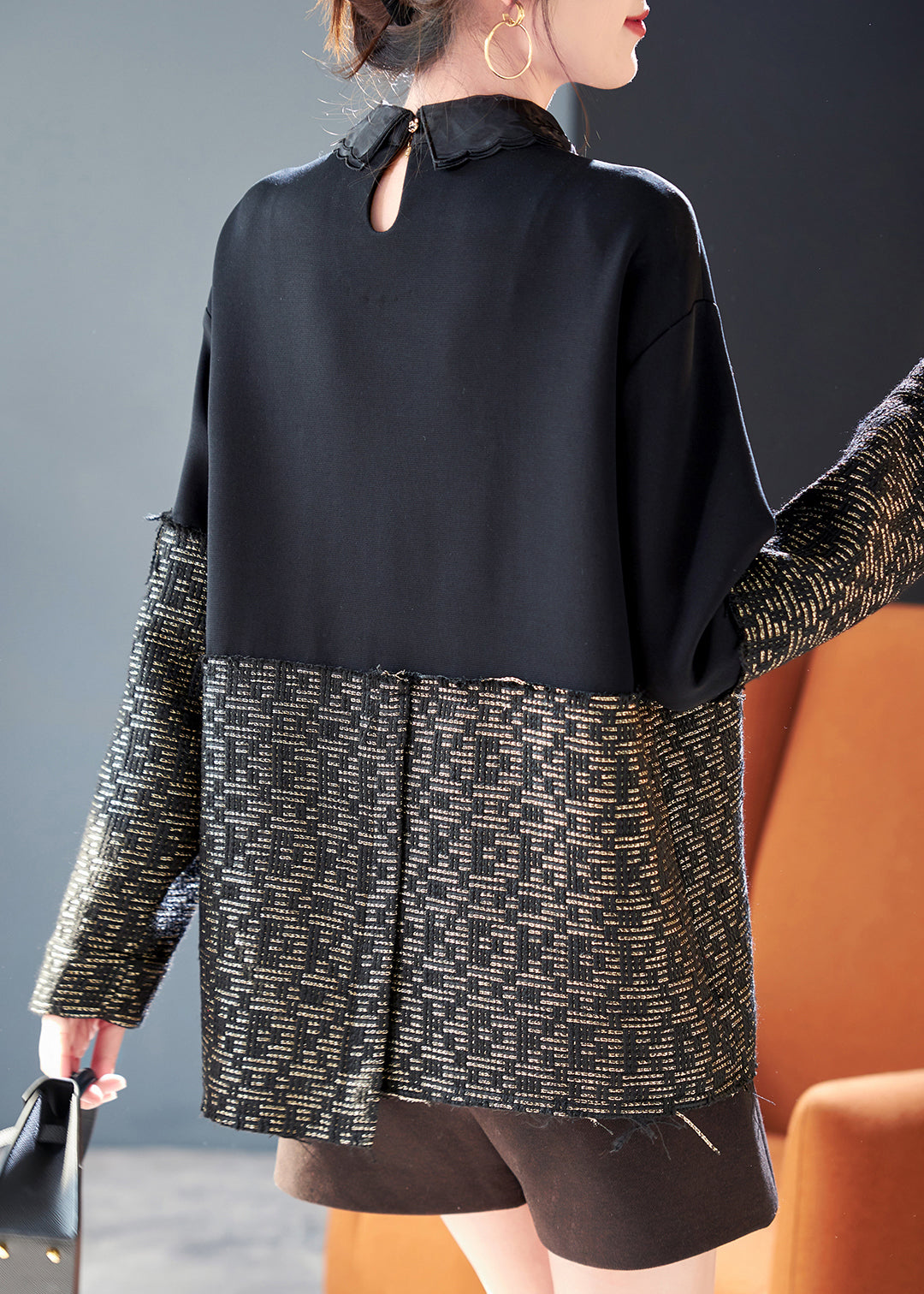 Nouvelles chemises en coton patchwork de perles noires pour le printemps RL039