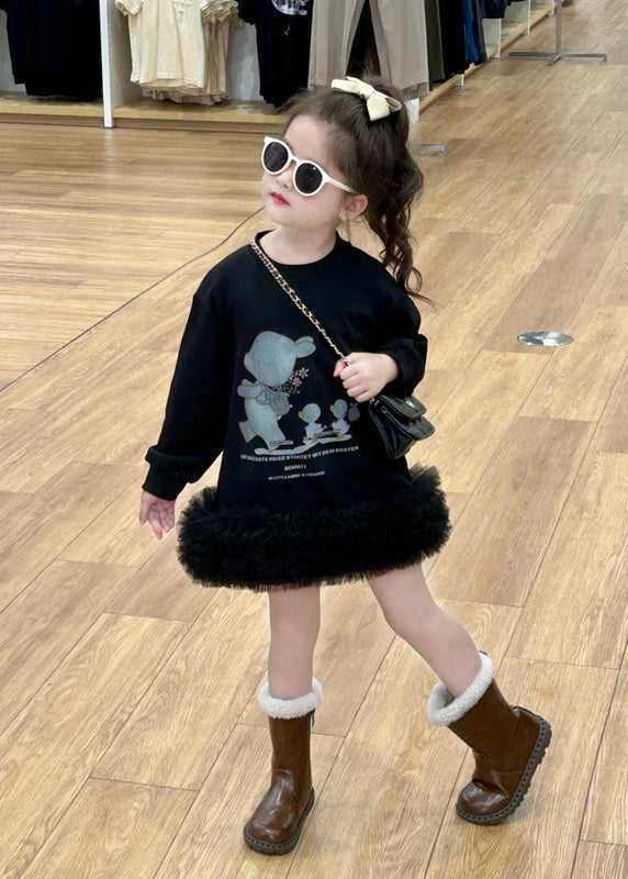Robe mi-longue noire en tulle à col rond et patchwork pour fille, printemps TG005