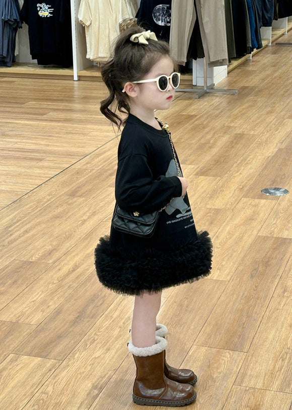 Robe mi-longue noire en tulle à col rond et patchwork pour fille, printemps TG005