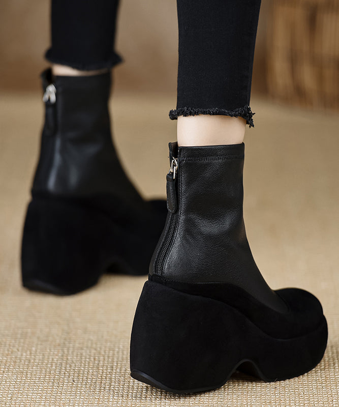 Neue schwarze Stiefeletten mit Keilabsatz und Reißverschluss aus Schaffell RX013