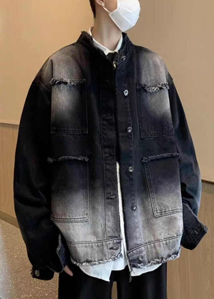 Manteau en jean noir à col boutonné pour homme, modèle printemps TC037