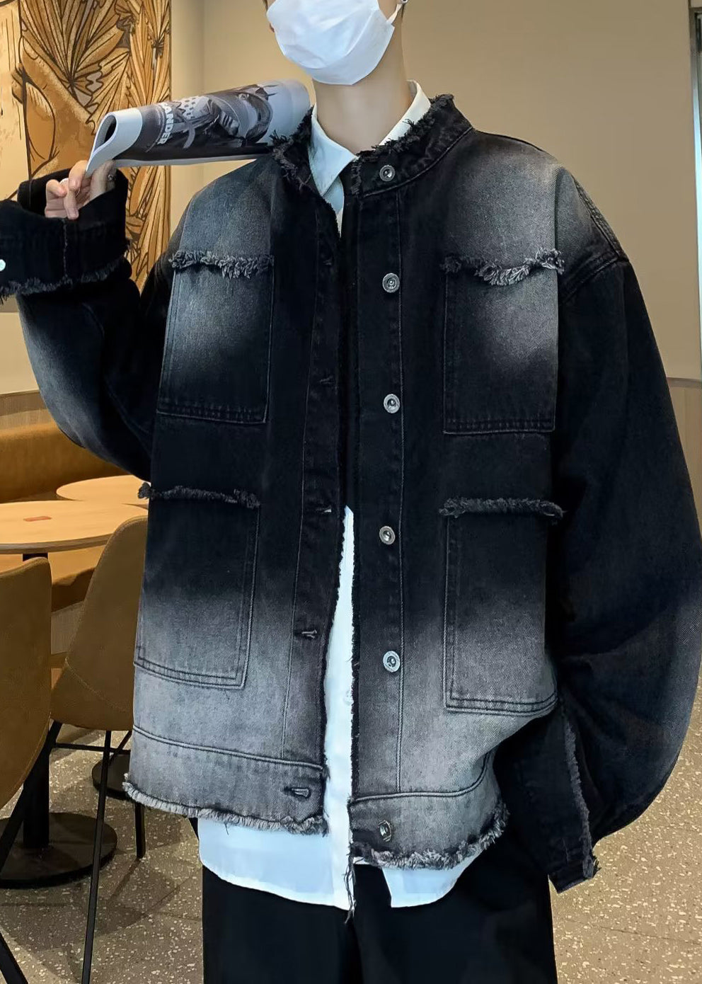 Manteau en jean noir à col boutonné pour homme, modèle printemps TC037