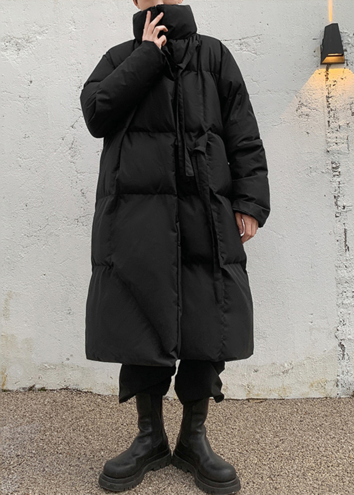 Neu Schwarz Stehkragen Schnürung Männer Lange Parkas Winter RM001