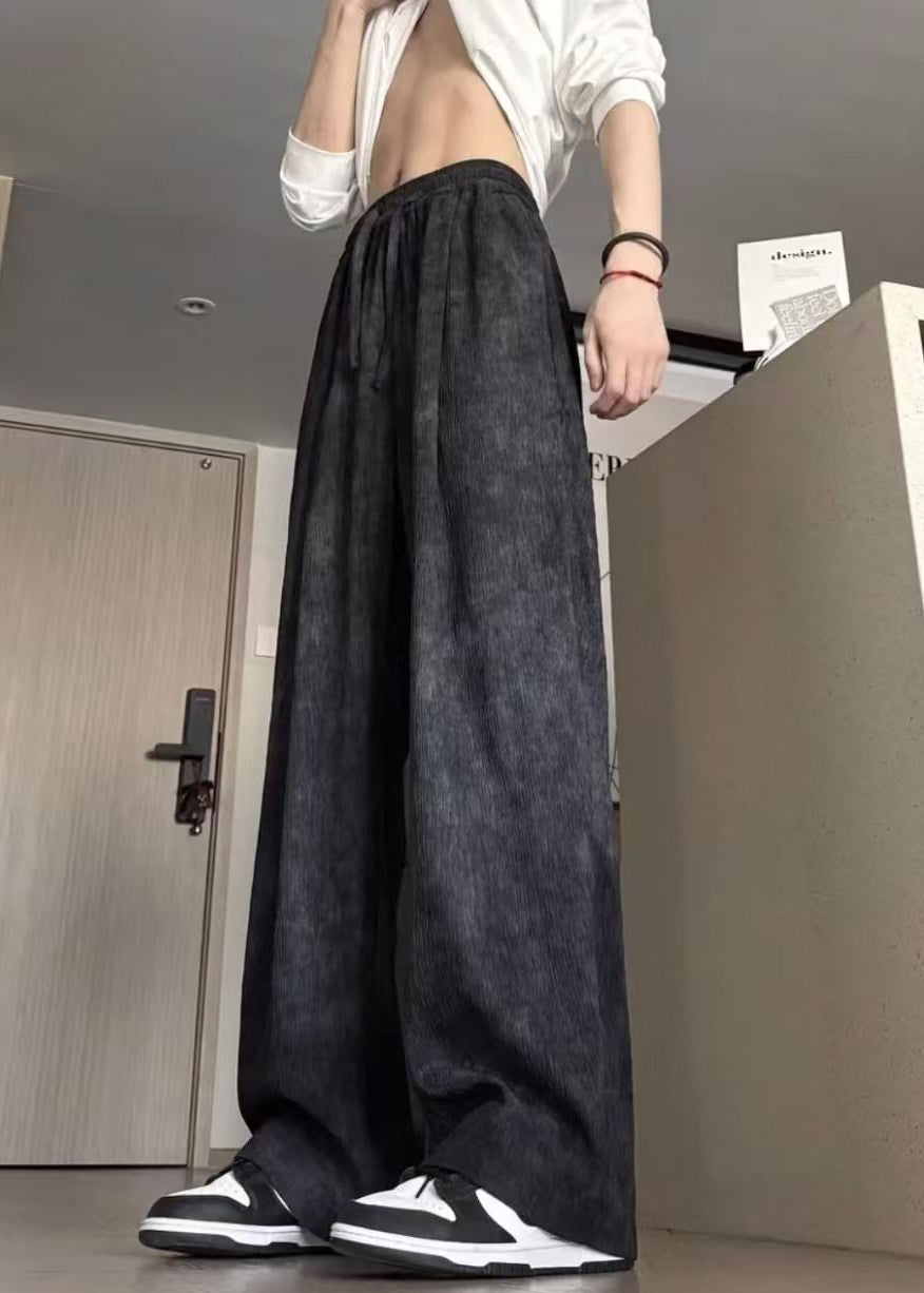 Pantalon d'été noir en coton teinté pour homme, élastique, avec ceinture, cravate, neuf