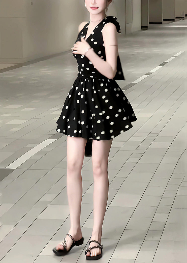 Neck Cotton Mid Dress Bow New Black Dot V Sleeveless