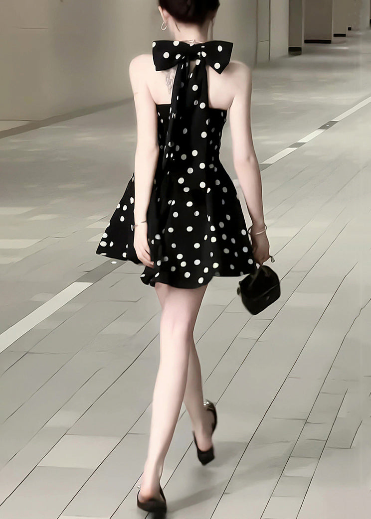 Neck Cotton Mid Dress Bow New Black Dot V Sleeveless