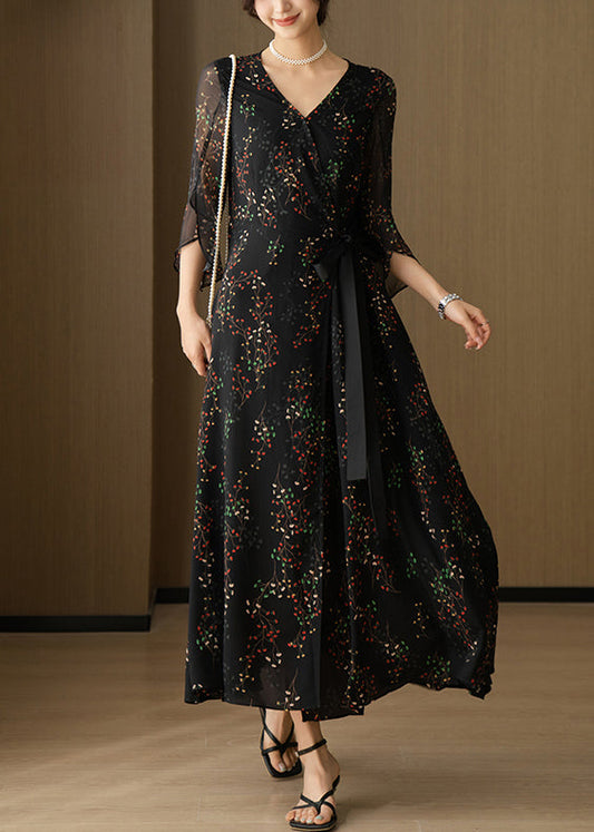 V Black New Chiffon Neck Sleeve Bracelet Dresses Print Long