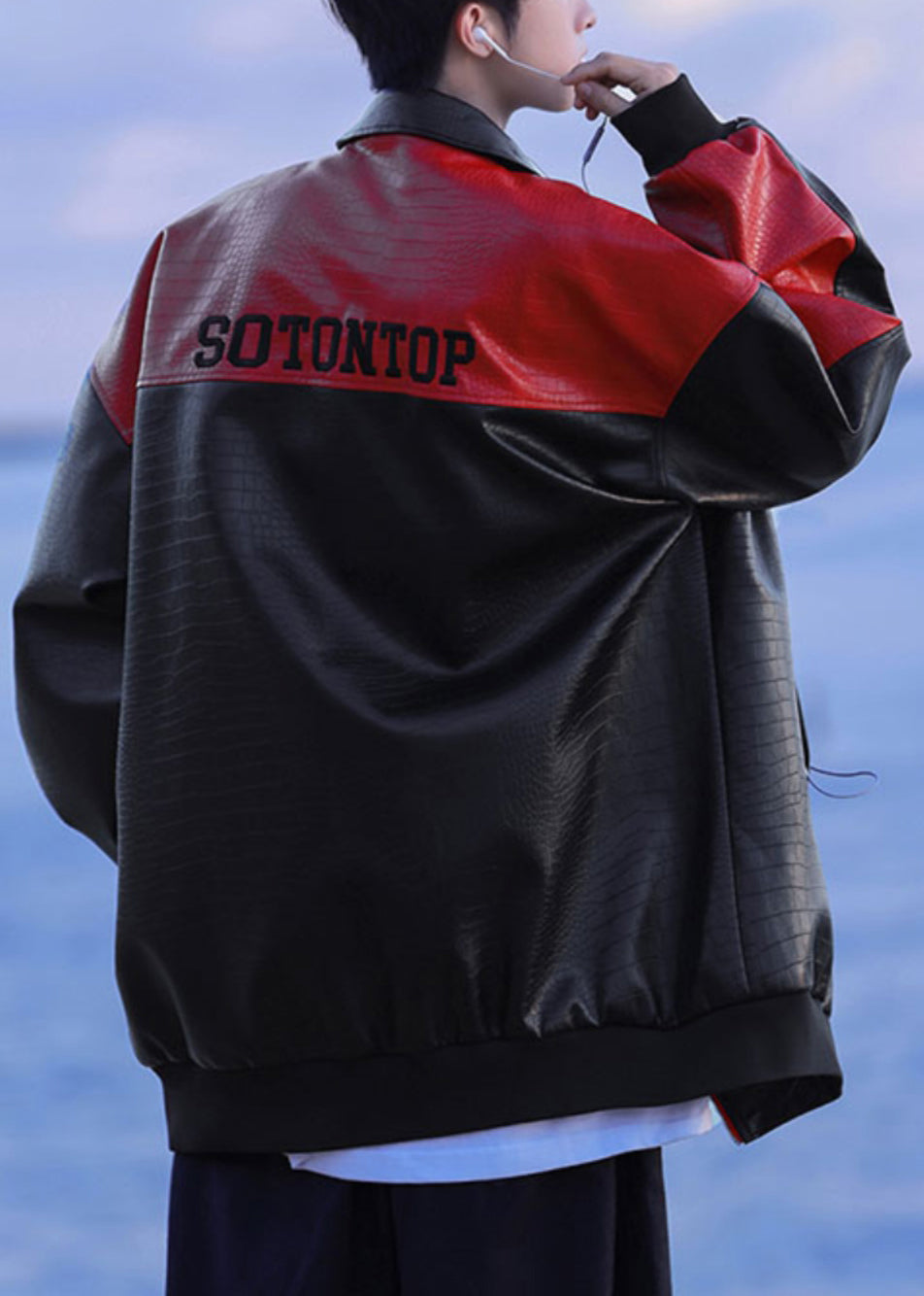 Neue schwarze Reißverschluss Brief Kunstleder Patchwork Herren Mäntel Frühling RN027