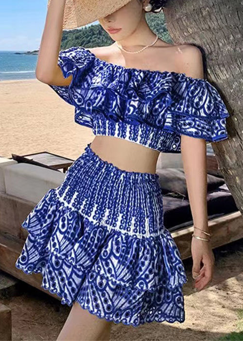 New Blue Hollow Out Tops And Skirts Cotton Two Piece Set Short Sleeve EE1048