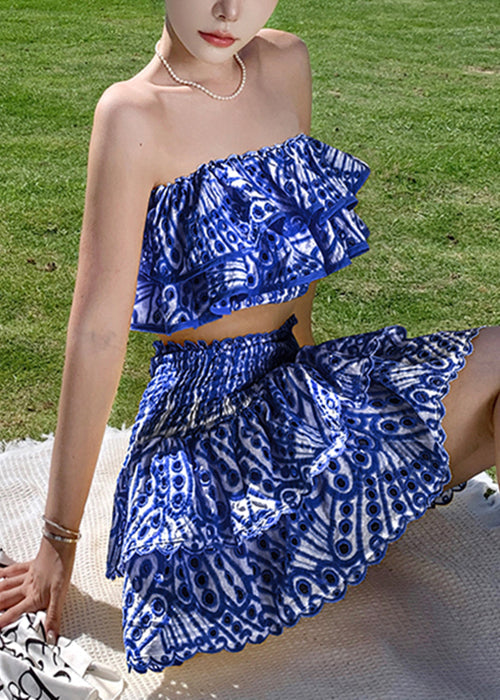 New Blue Hollow Out Tops And Skirts Cotton Two Piece Set Short Sleeve EE1048