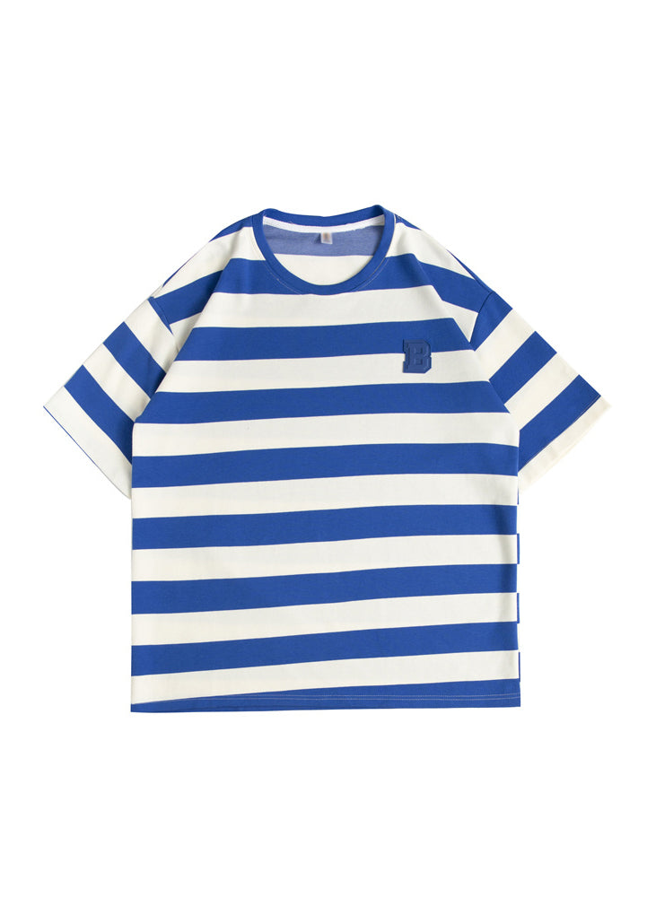 Neue Blau O Neck Striped Baumwolle herren Grunt Stil T Shirts Sommer QH014