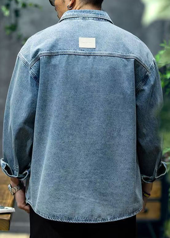 Kragen Blau Denim Button Frühling Hemd Männer Peter Pan Neue