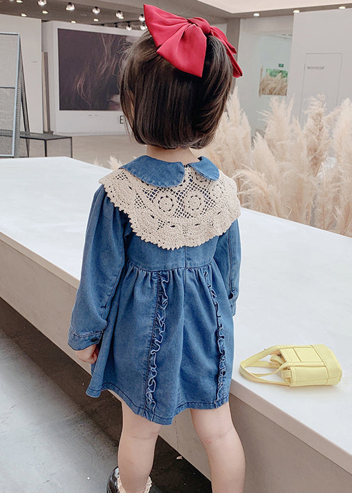 Nouvelles robes mi-longues en denim à volants et col Peter Pan bleu pour filles à manches longues XZ073